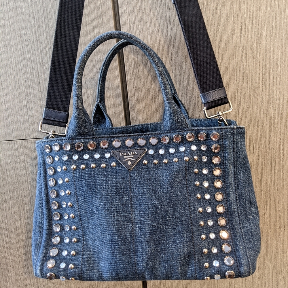 Prada: Denim Rhinestone Bijoux Canapa Crossbody Tote Bag ๐ - Picture 6 of 17